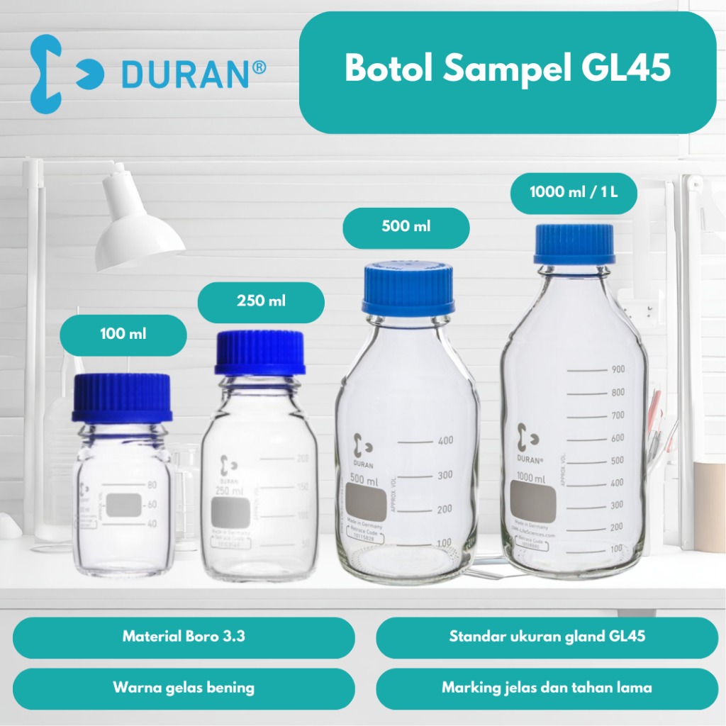 DURAN Bottle Botol Sampel Laboratorium GL45 250 ml Bening Tutup Biru