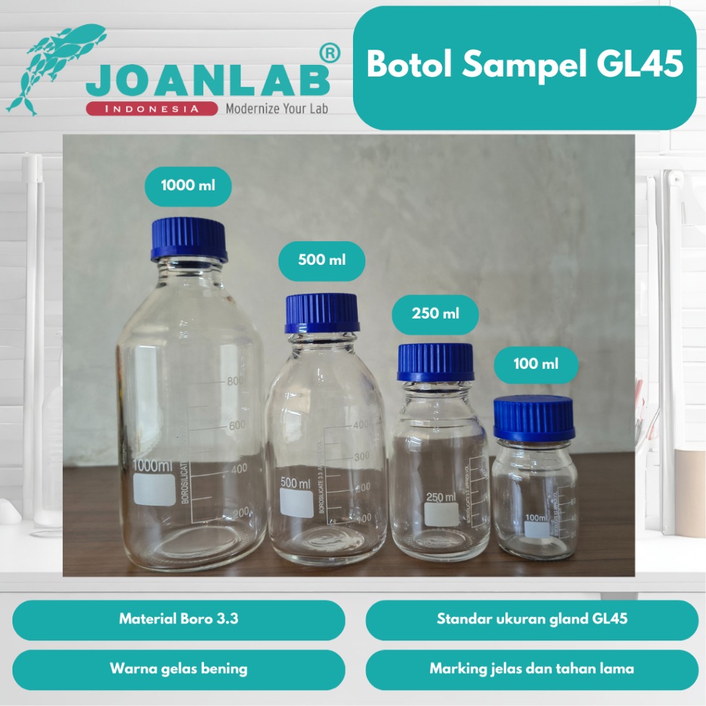 JOANLAB Botol Reagen Kaca GL45 250 ml Bening Tutup Biru
